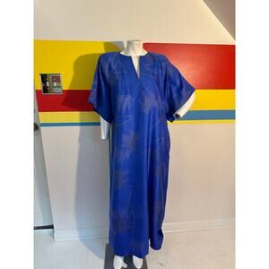1960s 60s vintage Thai silk caftan blue floral botanical maxi dress large l